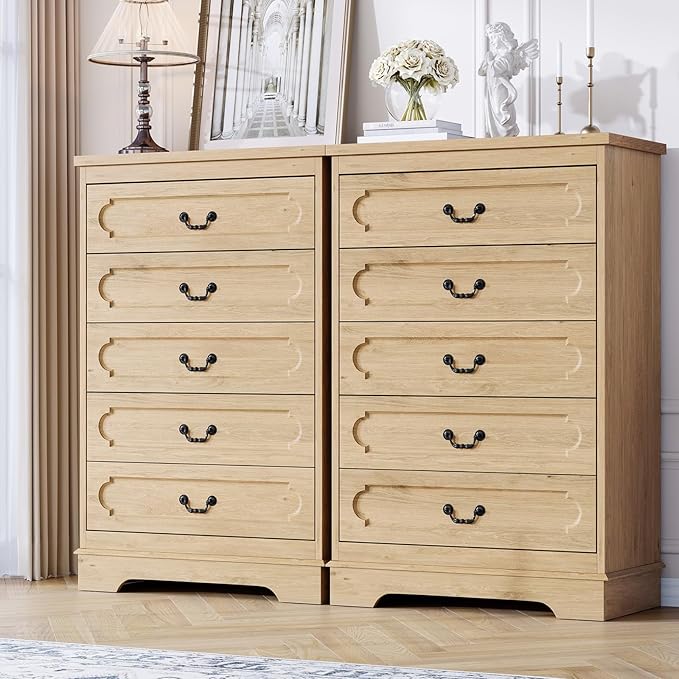 LIDYUK 5 Drawer Dresser for Bedroom Farmhouse Natural Wood Chest of Drawers for Bedroom Dresser, Rustic 46" Tall Wide Drawers Dressers Wooden Closet Storage Cabinet, Hallway, Living Room