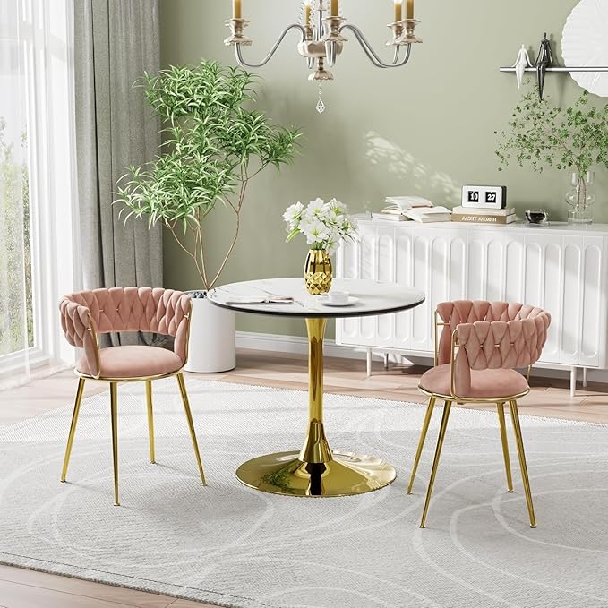 31.5 Inch Round Dining Table for 2-4 Person,Mid-Century White Tulip Table with Faux Printed Marble Tabletop and Gold Metal Base,Pedestal Base Table for Kitchen Dining Room