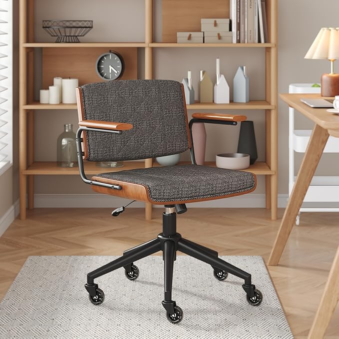 Ergonomic Office Chair with Rubber Wheels & Walnut Arms - Mid-Back Desk Chair, Adjustable Height, Bentwood Backrest | Swivel Rocking Design for Home Office, Meeting Room, Study