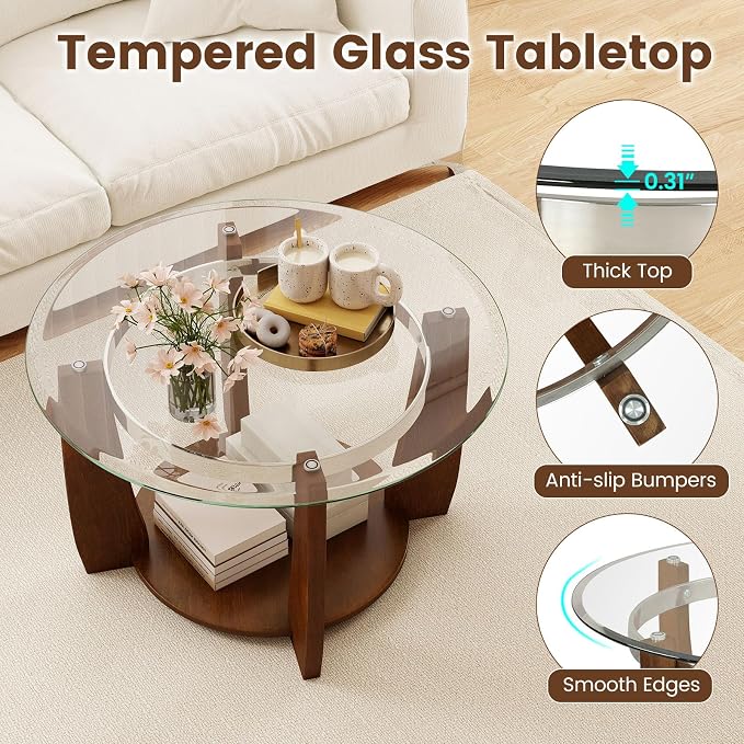 GOFLAME Glass Coffee Table with Storage, 32” Rolling Round Center Table with Tempered Glass Top, Solid Rubber Wood Legs, Wheels, Mid-Century Modern, 2-Tier Circle Tea Tables for Living Room (Walnut)