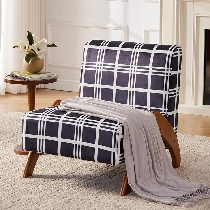Oversized Accent Chair, upholstered armless mid Century Modern Living Room Chair with Wooden Legs for Bedroom/Office/Cafe, Plaid Black
