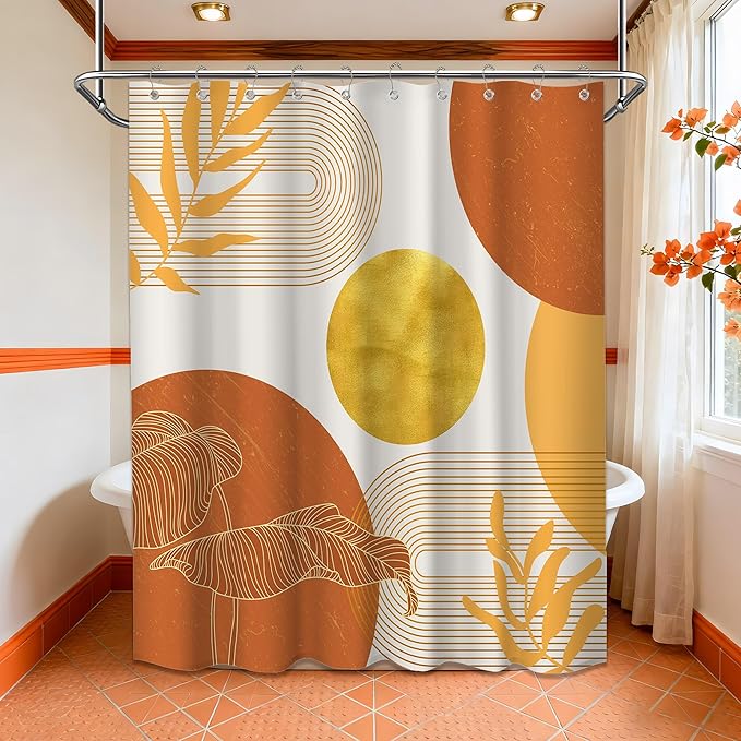 Orange and Gold Shower Curtain Burnt Orange White Shower Curtains for Bathroom Decor Boho Mid Century Bath Curtain Set, Waterproof Fabric with Hooks 60 x 72 Inch