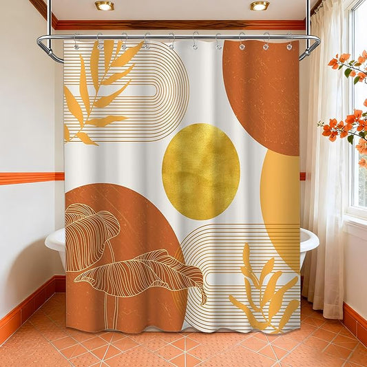 Orange and Gold Shower Curtain Burnt Orange White Shower Curtains for Bathroom Decor Boho Mid Century Bath Curtain Set, Waterproof Fabric with Hooks 60 x 72 Inch