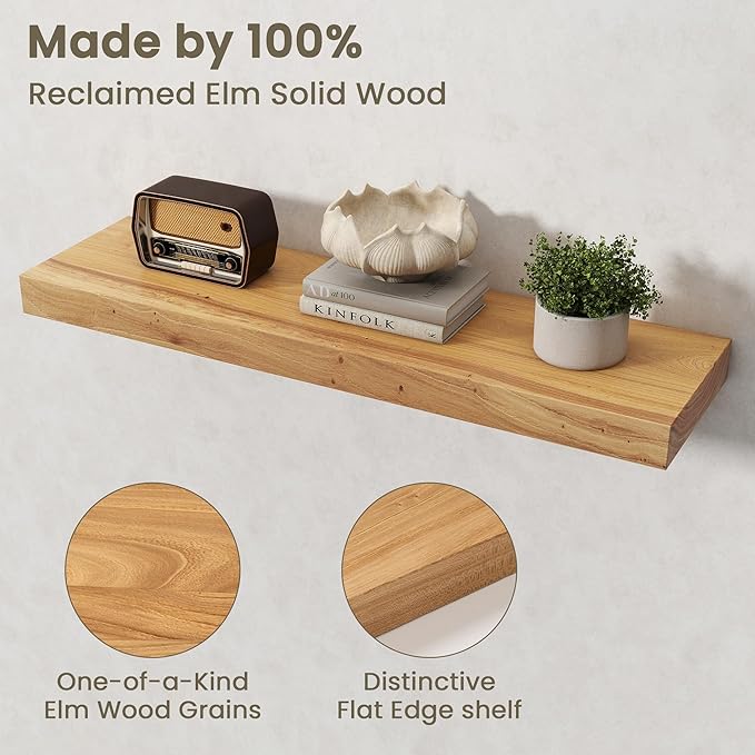 Fun Memories Solid Elm Wood Floating Shelves Set of 2-32 Inch Rustic Wall Shelves with Heavy-Duty Invisible Brackets - for Living Room, Kitchen, Bedroom, Bathroom - Natural Finish