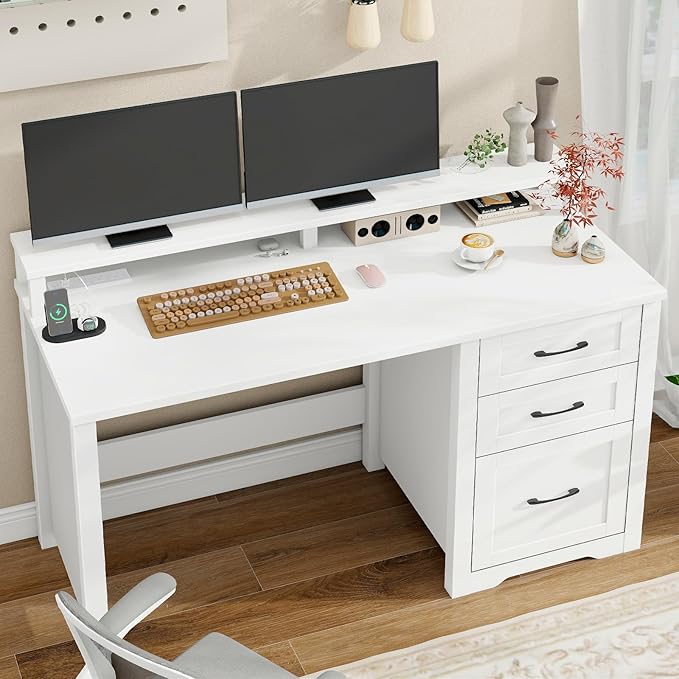 Vabches 47" Farmhouse Executive Desk with Monitor Stand & File Cabinet,3 Drawers Computer Desk with LED Lights and Power Outlets,Workstation for Home Office, Study,Writing.（White）