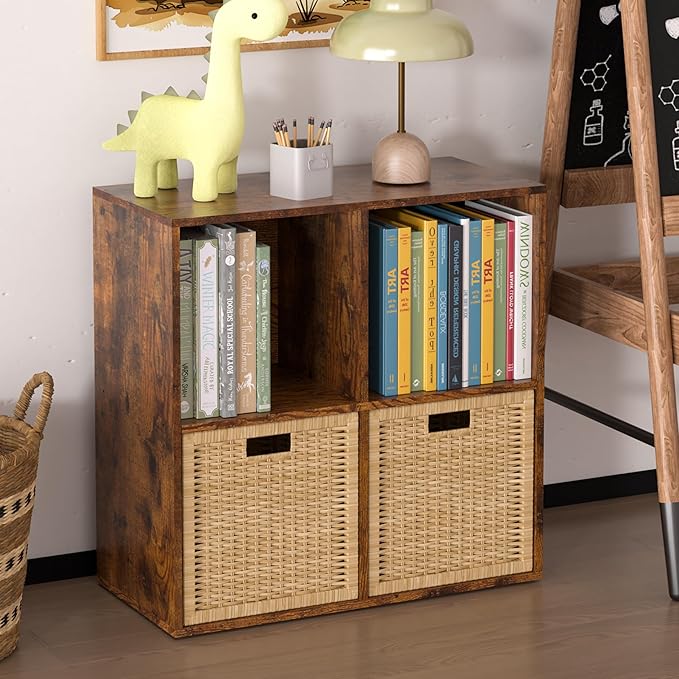 Wooden 4 Cube Storage Organizer with Closed Back Panel,White Cube Shelf Cubby Storage Organizers with Compartments for Living,Bookshelf,Organizers Easy to Install (Retro Brown, 4 Cube)