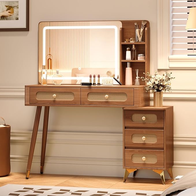 Boho Brown Vanity Desk with Mirror and Lights, Wooden Vanity Desk with Drawers & Shelves, 3 Lighting Modes Makeup Vanitys Tables for Bedroom, Dressing Room, Adjustable Brightness (Walnut)
