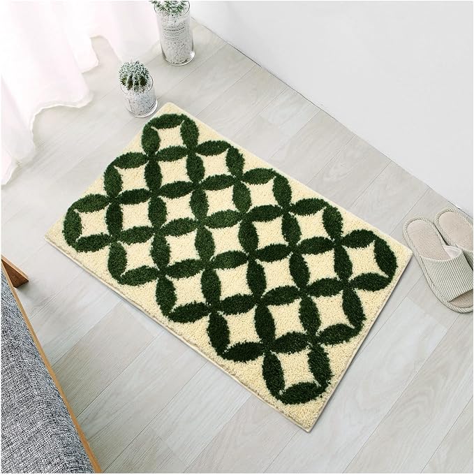 Civkor Green and Cream Bathroom Rug Non Slip Washable, Retro Bath Mat for Bathroom with TPR Backing, Quick Dry Fluffy Microfiber Piles, Super Water Absorbent Thin Bath Rug Fit Under Door, 31x20Inch