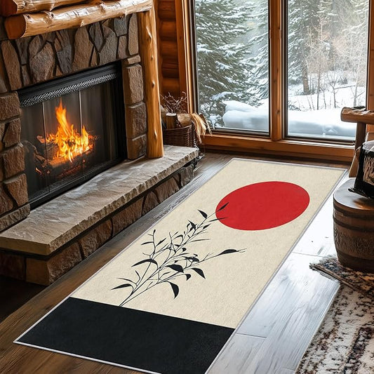 Japanese Runner Rug 4x8, Black and Grey Red Sun Design, Zen Asian Area Rug, Washable Non-Slip Floor Carpet Runner for Bedroom, Dining Room, Living Room Aisle