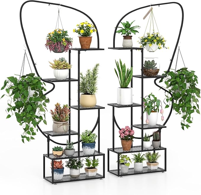 Giantex 2 Pack 6-Tier Plant Stand Indoor, Butterfly-Shaped Metal 73” Tall Ladder Plant Shelf w/ 4 Hanging Hooks, Outdoor Flowerpot Display Rack for Multiple Plants Living Room Balcony Patio Garden