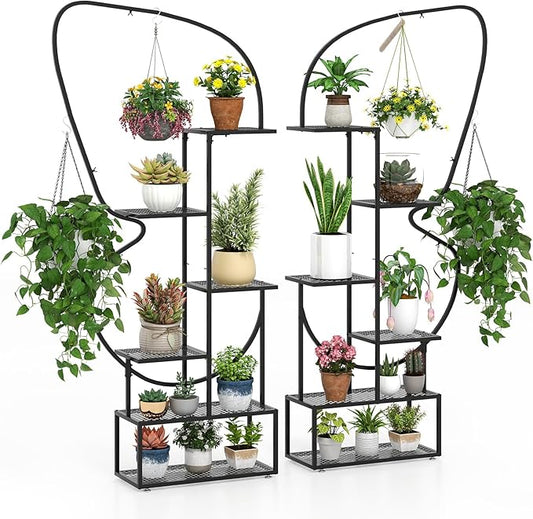 Giantex 2 Pack 6-Tier Plant Stand Indoor, Butterfly-Shaped Metal 73” Tall Ladder Plant Shelf w/ 4 Hanging Hooks, Outdoor Flowerpot Display Rack for Multiple Plants Living Room Balcony Patio Garden