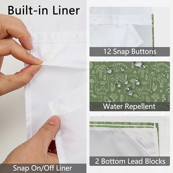 No Hook Shower Curtain with Snap in Liner for Kids Bathroom – Green Dinosaur Print Fabric Shower Curtain, Cartoon Funny Bath Decor with See Through Top Window for Boys and Girls, 71x74 Inch