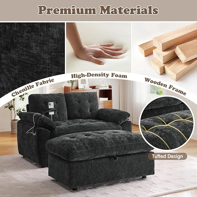 Oversized Chaise Lounge Chair Indoor with Ottoman&Adjustable Backrest,Chenille Tufted Recliner Comfy Loveseat Sofa Chair with USB&Phone Holder,Convertible Sleeper Couch Bed for Living Room(56"W,Black)