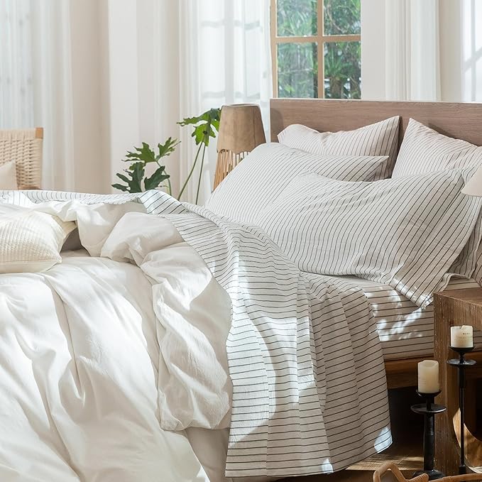 MooMee Striped Sheet Set 100% Washed Cotton Linen Like Textured Breathable Durable Soft Comfy (White Heathered Green Wide Stripes, King)