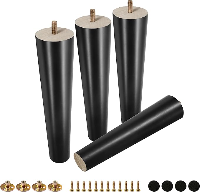 FoDau770 Black Rubber Wood Furniture Legs 10 Inches, Straight Tapered Wood Feet Mid Century Sofa Legs Set of 4, 5/16" UNC Furniture Feet for Cabinet Couch Dresser Chair Ottoman Table