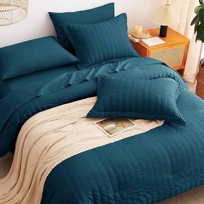 CozyLux King Size Comforter Set Lyons Blue, 7 Pieces Seersucker Textured Luxury Bed in a Bag, All Seasons Soft Bedding Sets with Down Alternative Comforter, Sheets, Pillowcases & Shams, Home Gift