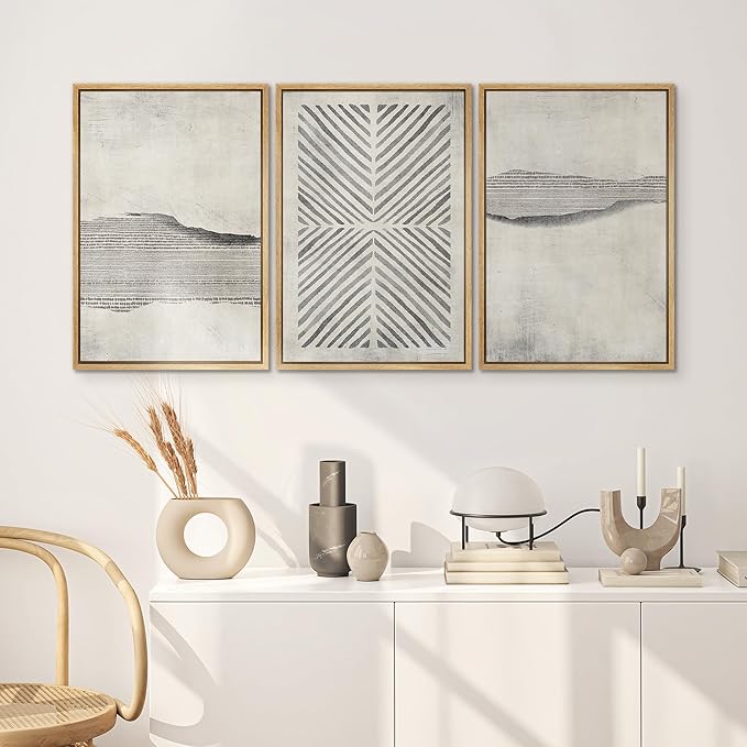 SIGNWIN Framed Canvas Print Wall Art Set Grunge Geometric Line Landscape Abstract Shapes Cozy Neutral Modern Art Decorative Boho Relax/Zen Nordic for Living Room, Bedroom, Office - 24"x36"x3 Natural