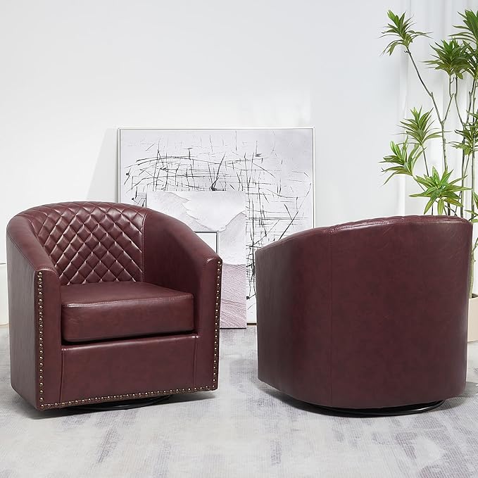 KINWELL 29" Wide Tufted Faux Leather Swivel Barrel Chair Set of 2, PU Leather Modern Upholstered Accent Chairs with Nailhead Trim, Small Armchair for Living Room Bedroom, Red