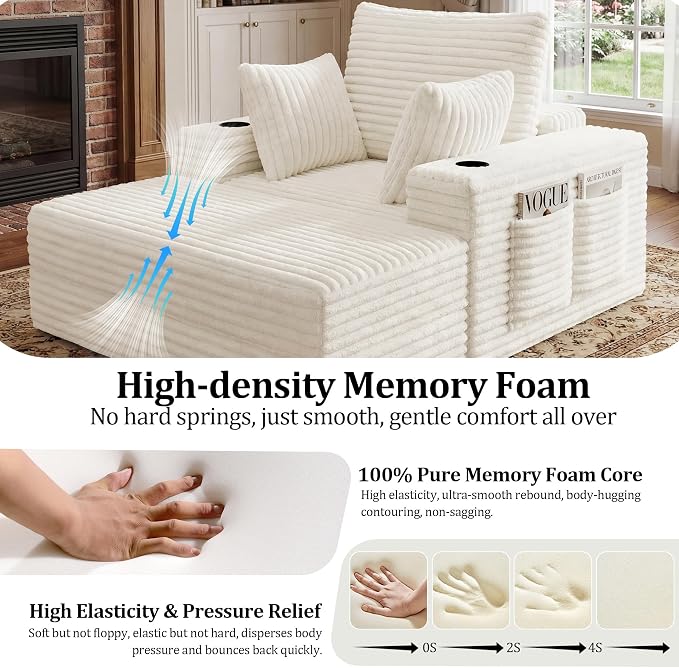 85" Oversized Chaise Lounge Chair Convertible 2-in-1 Boneless Sleeper Couch Bed Indoor Comfy Cloud Corduroy Reading Armchair sofa with Storage Pockets&Cup Holders for Bedroom,Living Room,Beige