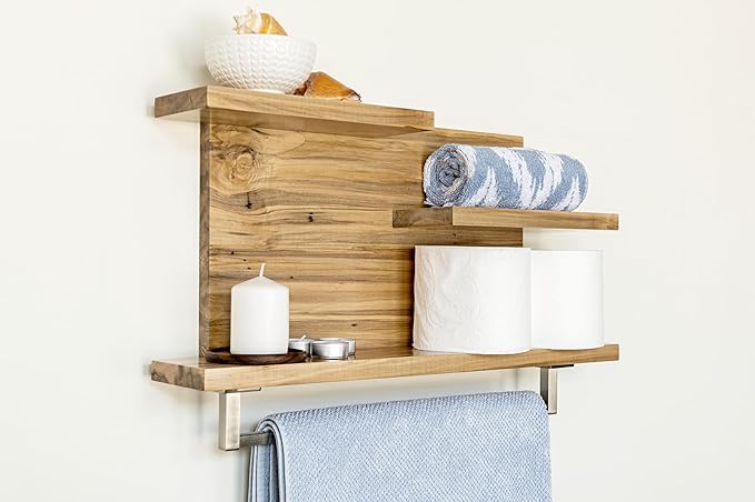 Straga Rustic Wall Mounted Bathroom Shelves - 23" Hardwood Shelf Organizers with 18" Towels Holder - A Modern Addition To Your Bathroom, Powder Room, Guest Bathroom and More (Wormy Maple)