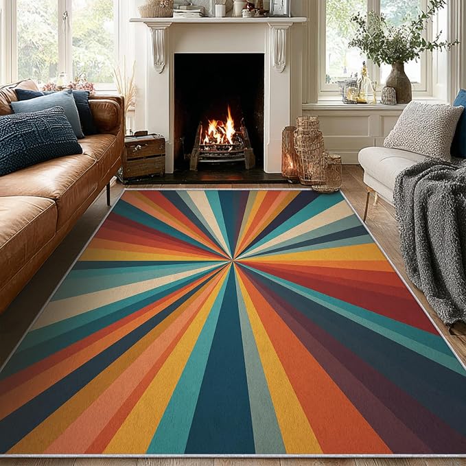 Retro Sunburst Rugs 7x9, 70s Colorful Abstract Washable 7 x 9 Area Rug for Living Room, Bedroom, Low Pile Non Slip Stain Resistant Carpet, Retro 70s Home Decor Accessories & M880