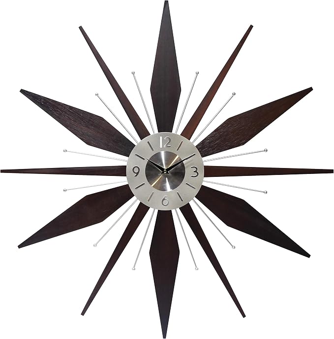 Infinity Instruments Utopia Mid-Century 30 inch Wood and Metal Wall Clock, Walnut Dark Wood