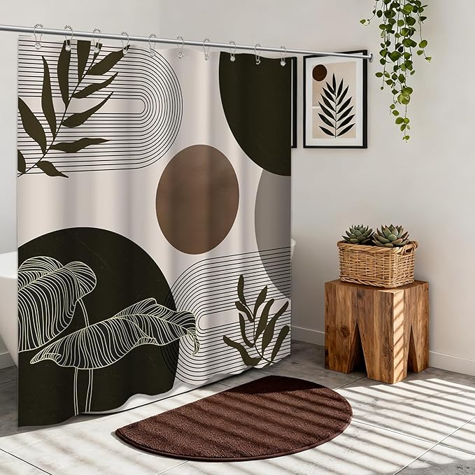 Brown and Beige Shower Curtain Light Brown Tan Taupe Boho Mid Century Modern Shower Curtains for Bathroom Decor MCM Mens Cool Bath Curtain Set, Waterproof Fabric with Hooks 60 x 72 Inch