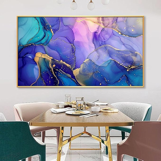 Abstract Marble Canvas Wall Art, Alcohol Ink Wall Art, Purple Canvas Wall Art, Blue Purple Marble Painting, Abstract Wall Art, Purple and Gold Wall Decor, Canvas Wall Art for Living Room (Gold Metal Frame, 69"x39" | 174x98cm)