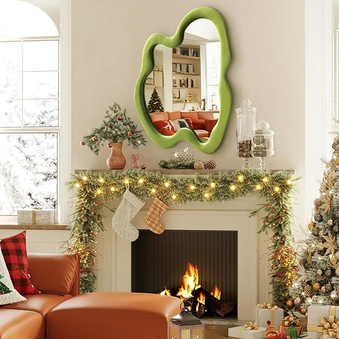 Irregular Wall Mirror, 20"x 28" Green Wavy Mirror, Flannel Wrapped Wooden Frame Asymmetrical Decorative Mirrors, Modern Wall Mirror for Bedroom Living Room Entryway