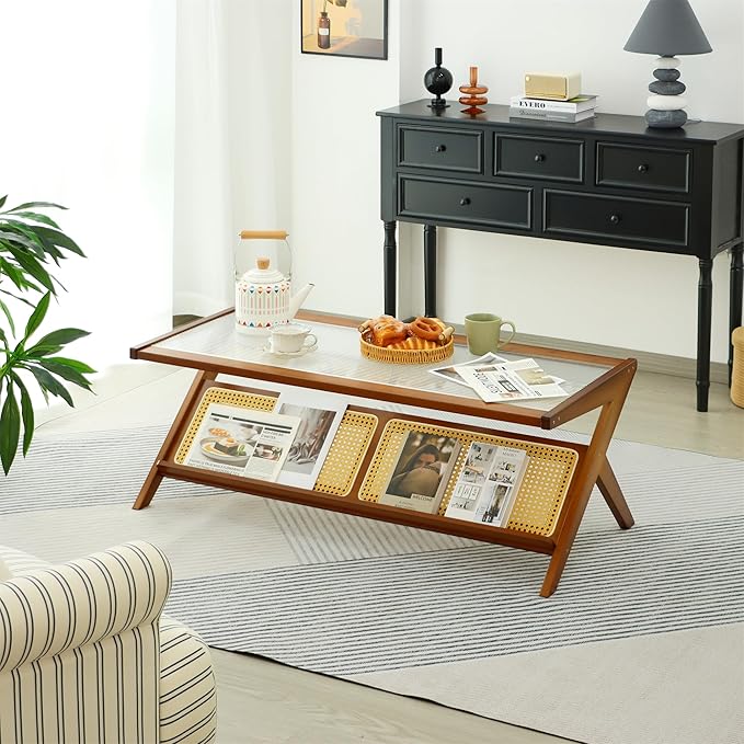 Bamboo Coffee Table, Accent Rattan Coffee Table with Glass Top, Mid-Century Wooden Center Tables, Modern Sofa Side Tea Tables with Storage for Living Room, Walnut