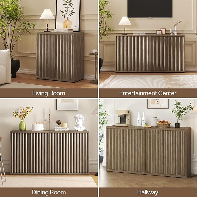 31” Sideboard Cabinet with Storage, Fluted Accent Cabinet with Adjustable Shelves, Modern Wood Credenza Cabinets with Pop-up Doors for Entryway Kitchen Living Room Hallway, Brown