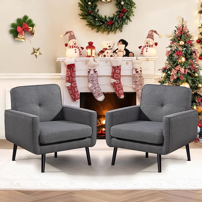 Vogue Furniture Direct Accent Chair Set of 2, Fabric Modern Chair with Wooden Frame, Cozy Armchair Reading Chair with Comfy Back for Apartment, Living Room, Bedroom, Small Space, Corner, Grey