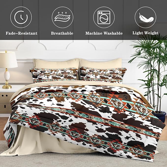 WeCozy 5 Pcs Twin Size Comforter Set with Pillowcase & Sham, Cow Print Brown Cowhide Bedding for Kids and Adults, Vintage Retro Bed in a Bag with Flat Fitted Sheet