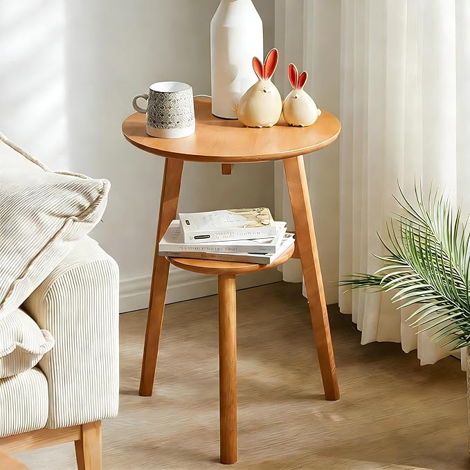Side Table, Small Round End Table with 2-Tier Shelf, Solid Wood Nightstand for Small Spaces, Mid Century Modern Accent Table for Living Room Bedroom, Natural