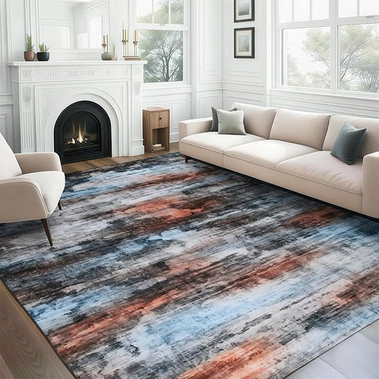 WILLSUN Washable Area Rugs, 8x10 Non-Slip Boho Large Area Rugs for Living Room, Bedroom, Machine Washable Vintage Rug, Indoor Floral Print Carpet for Home Decor, Kid & Pet Friendly Mat