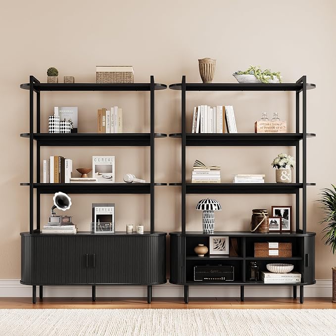 4 Tier Bookshelf with Fluted Cabinet, Tall Bookcase with Sliding Door, Metal and Wood Display Shelf, Free Standing Storage Shelving Unit, Corner Storage Organizer for Living Room, Home Office, Black