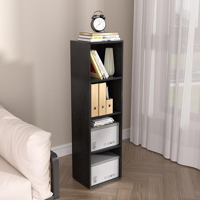 Wooden 4 Cube Storage Organizer, 4 Tier Storage Cubes Storage Display Cubby,Freestanding DIY Closet Shelving Unit for Living Room Bedroom Office(Black, 4 Cube-W(11.8inch)