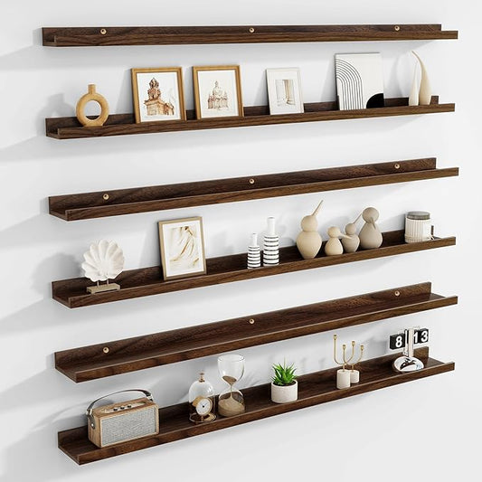 Picture Ledge Shelf Set of 6, 48 inch Long Large Floating Shelves for Wall with Lip, Wall Mounted Shelves for Living Room, Bedroom, Bathroom, Kitchen, Nursery,Walnut