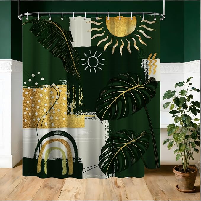 Green and Gold Mid Century Modern Shower Curtain Bohemian Abstract Shower Curtains for Bathroom Decor Sets, Waterproof Cloth Fabric with Hooks, 70x78 Inch