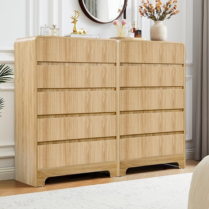 BERRYMERRY 5 Drawer Dresser for Bedroom,Flute 45" Tall Dresser with Curved Profile, Mid Century Modern Vertical Wood Drawer Organizer for Bedroom Living Room