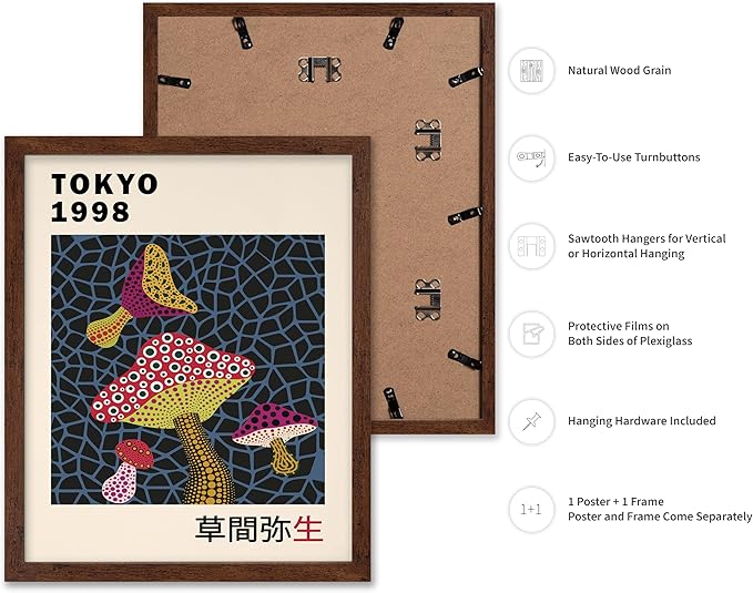 Poster Master Vintage Poster - Retro Pop Art Print - Gift for Artist, Friend - Infinity Mushroom, Tokyo, Colorful, Modern, Abstract - Wall Decor for Home, Office, 8x10 Brown Framed
