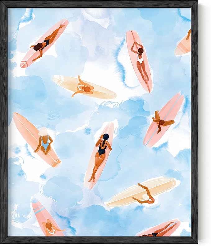 HAUS AND HUES Surfer Beach Poster - Watercolor Surfing Wall Art, Coastal Room Decor (Black Frame, 16x20)