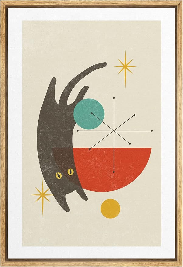 Woodrose Framed Canvas Print Wall Art Geometric Symbol Cartoon Black Cat Animals Shapes Illustrations Modern Minimalist Chic Relax/Calm Multicolor for Living Room, Bedroom, Office - 24"x36" Natural