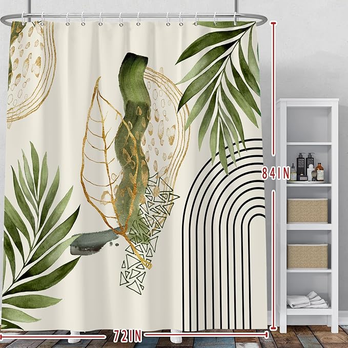Baocicco Boho Shower Curtain Green Gold Leaves Modern Abstract Geometric Minimalist Shower Curtains Decorative for Bathroom Waterproof Fabric Shower Curtain with Hooks 72x84 Inches