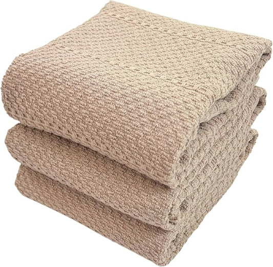 Beige Clay Light Brown Taupe Kitchen Hand Dish Towels: Oversized 28" x 18",100% Cotton Cloth Soft Cleaning Drying Absorbent Textured Design, Set of 3 Multipurpose for Everyday Use (Beige Textured)