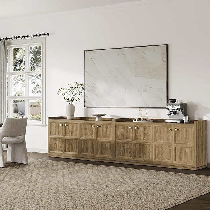 SICOTAS 4-Door Buffet Cabinet, 61.7" Wide Extra Long Sideboard with 2 Separate Bays & Adjustable Shelves, Modern Credenza Storage Cabinet with Gold Handles for Kitchen Living Room, Brown Oak, 1 PCS
