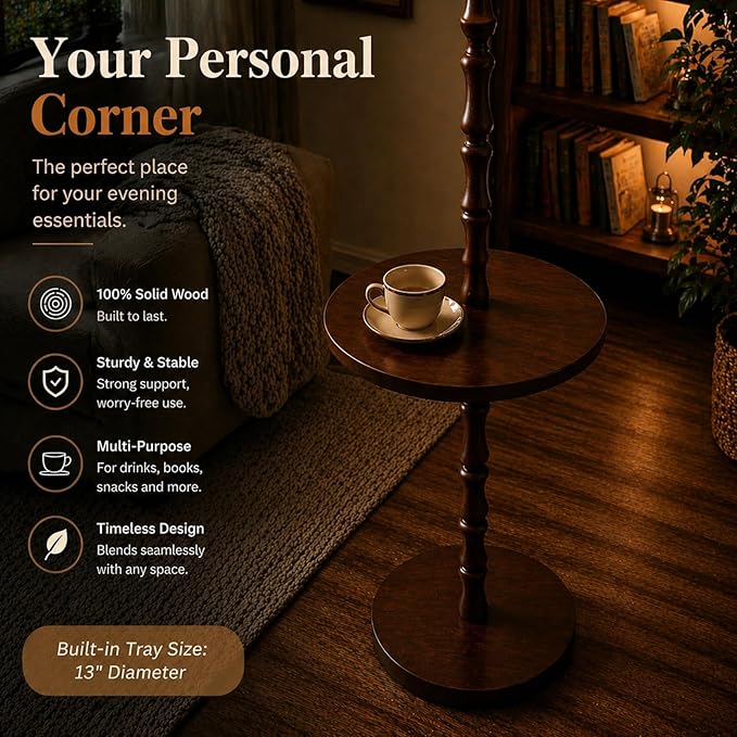 Real Wood Floor Lamp with Built-in Tray, Remote Control, Adjustable Brightness & 3 Color Temperatures, Dimmable Standing Lamp for Living Room, Bedroom, and Office – Easy Setup(Dark Walnut)