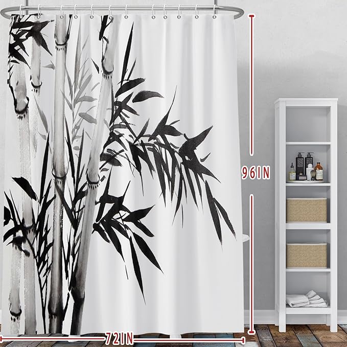 Baocicco Black White Bamboo Shower Curtain Chinese Ink Painting Plant Art Aesthetic Shower Curtains Decorative for Bathroom Waterproof Fabric Shower Curtain with Hooks 72x96 Inches
