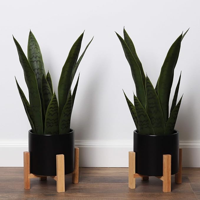 Bornbridge Artificial Snake Plant with Mid Century Plant Stand - Sansevieria Plant in Modern Planter - Artificial Plants with Indoor Plant Stand - Faux House Plants (Medium / 2 Pack)