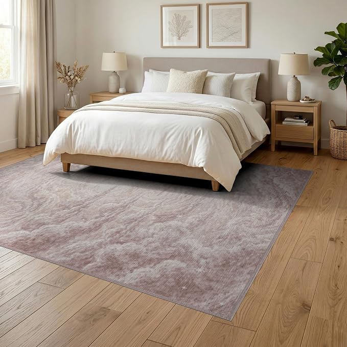 6'x9' Washable Flatwoven Rug, Light Beige Watercolor Abstract Stain Resistant Large Carpet Non-Slip Chair-Friendly Floor Mat for Dining Room, Under Table, Office | Ref:2208261